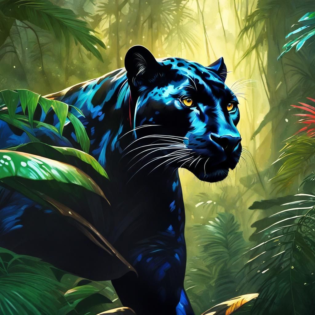 Hyperrealistic Panther in Colorful Rainforest Splash Art