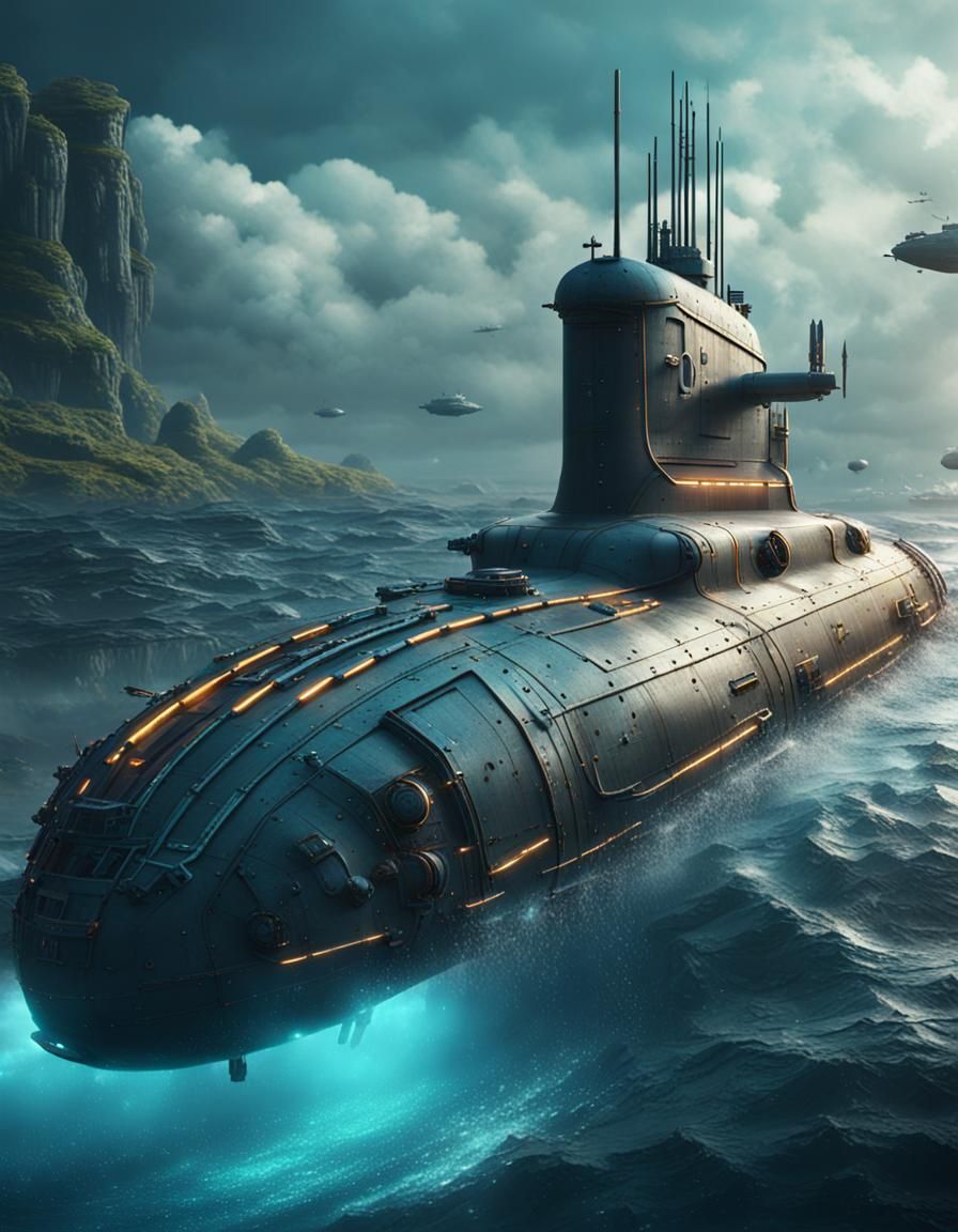 Futuristic Submarine Emerges: Detailed Digital Matte Paintin...