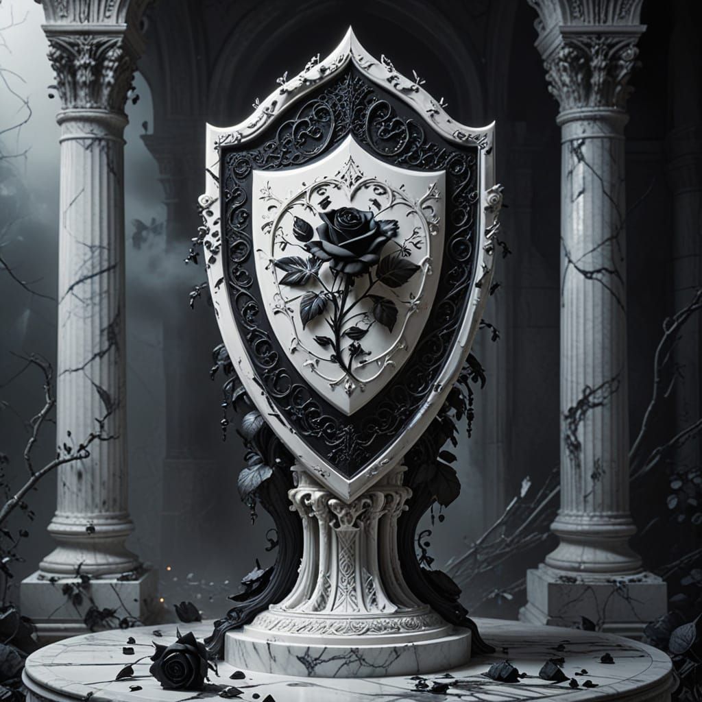 Gothic Shield of the Black Rose in Mysterious Elven Pedestal
