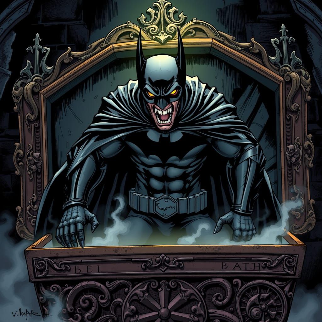 Gothic Vampire Batman Emerges from Ornate Coffin