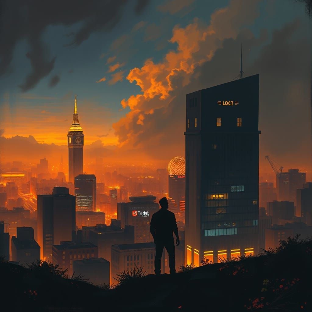 Man Lost in Thought Amidst Midnight Cityscape