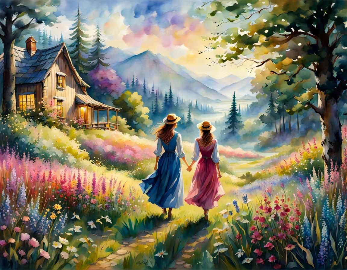 Family in Flower Meadow, Digital Watercolor Illustration