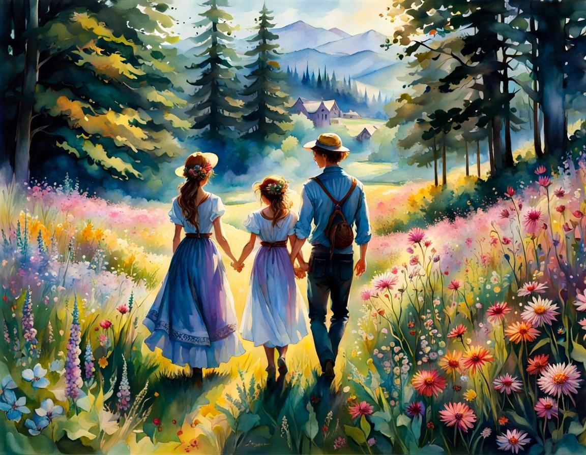Family Stroll in Fantasy Cottage Meadow, Watercolor Art