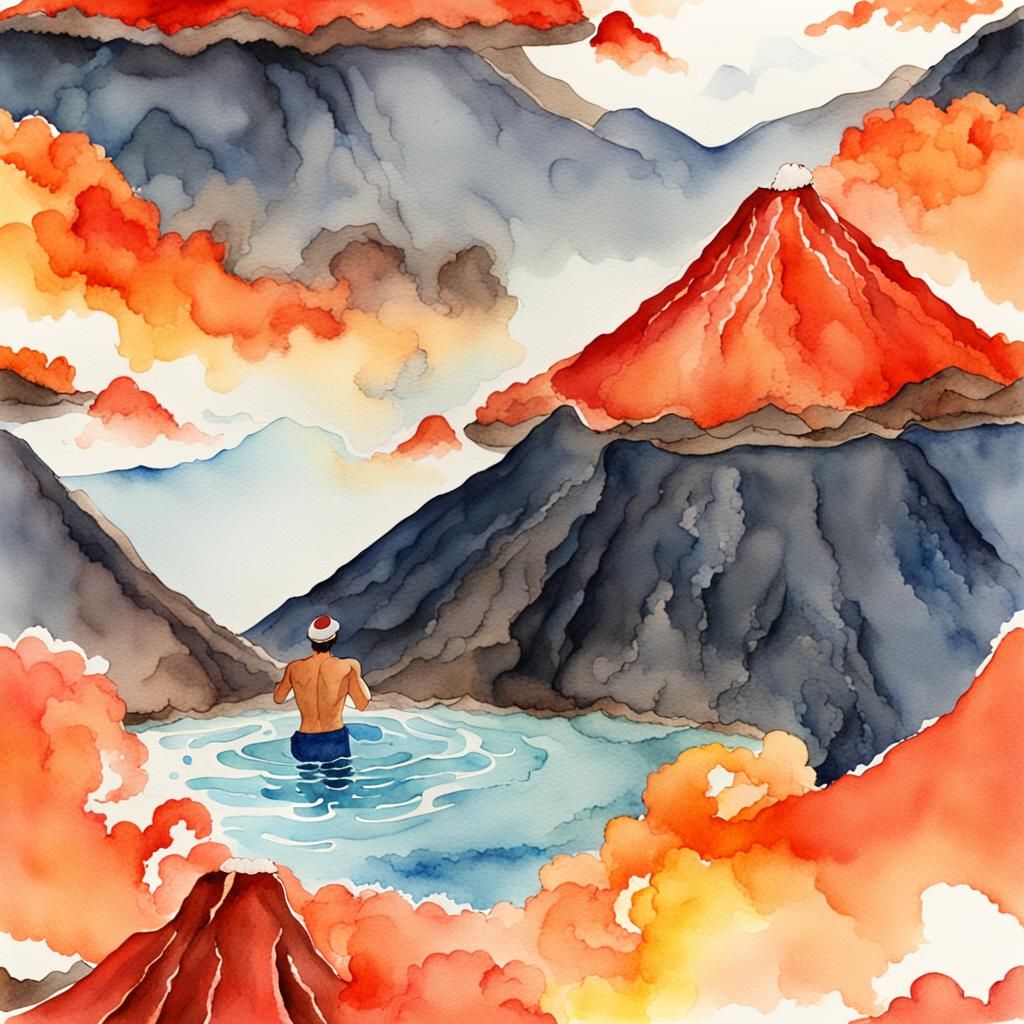 A man swimming by a volcano