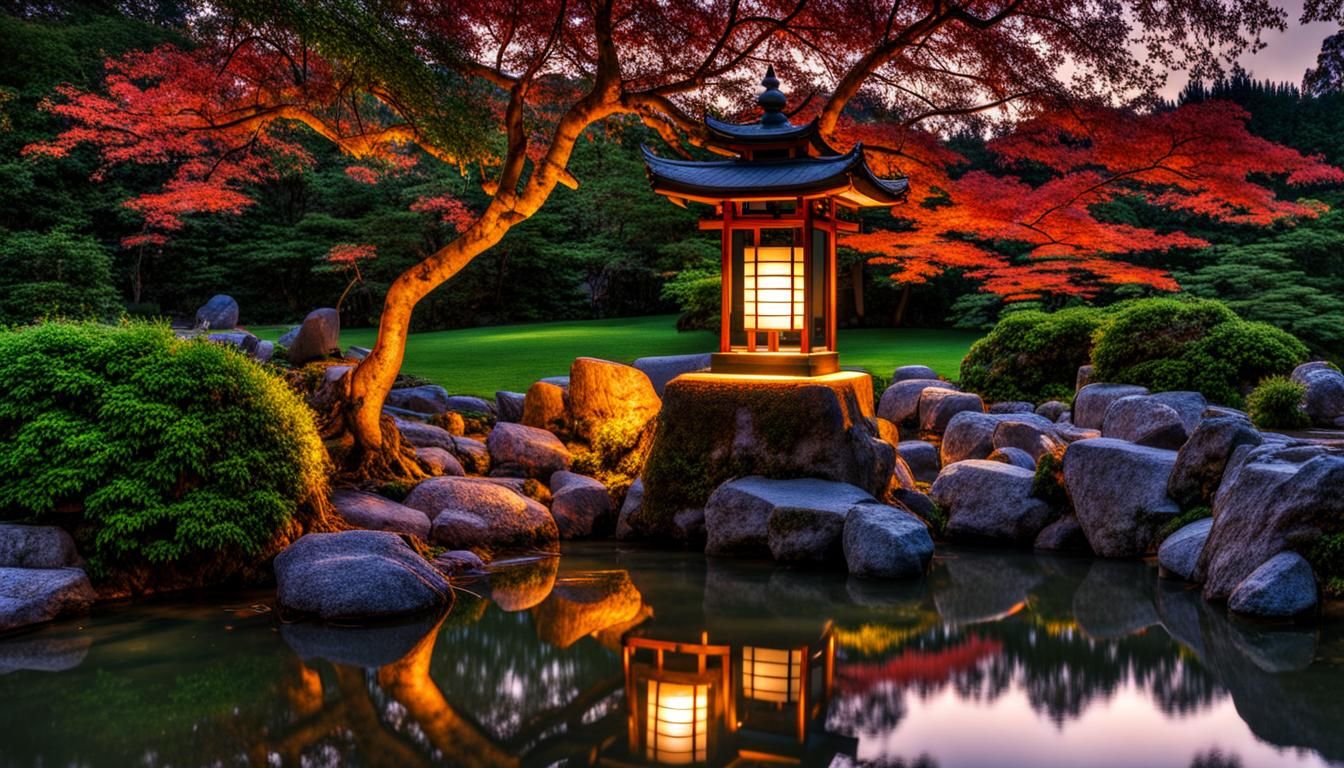 Japanese Lantern in Tranquil Garden at Night