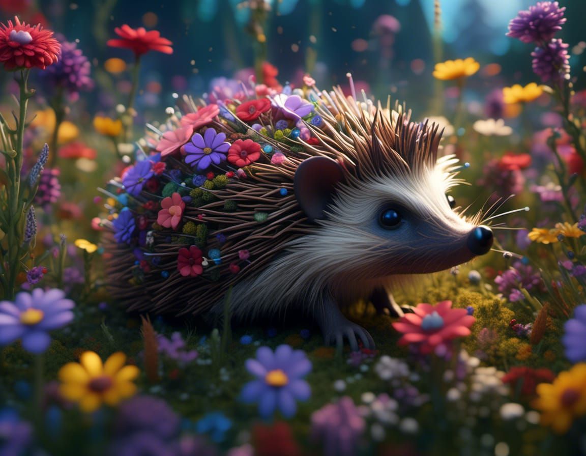 Hedgehog in Meadow with Flowers: Hyperreal Art