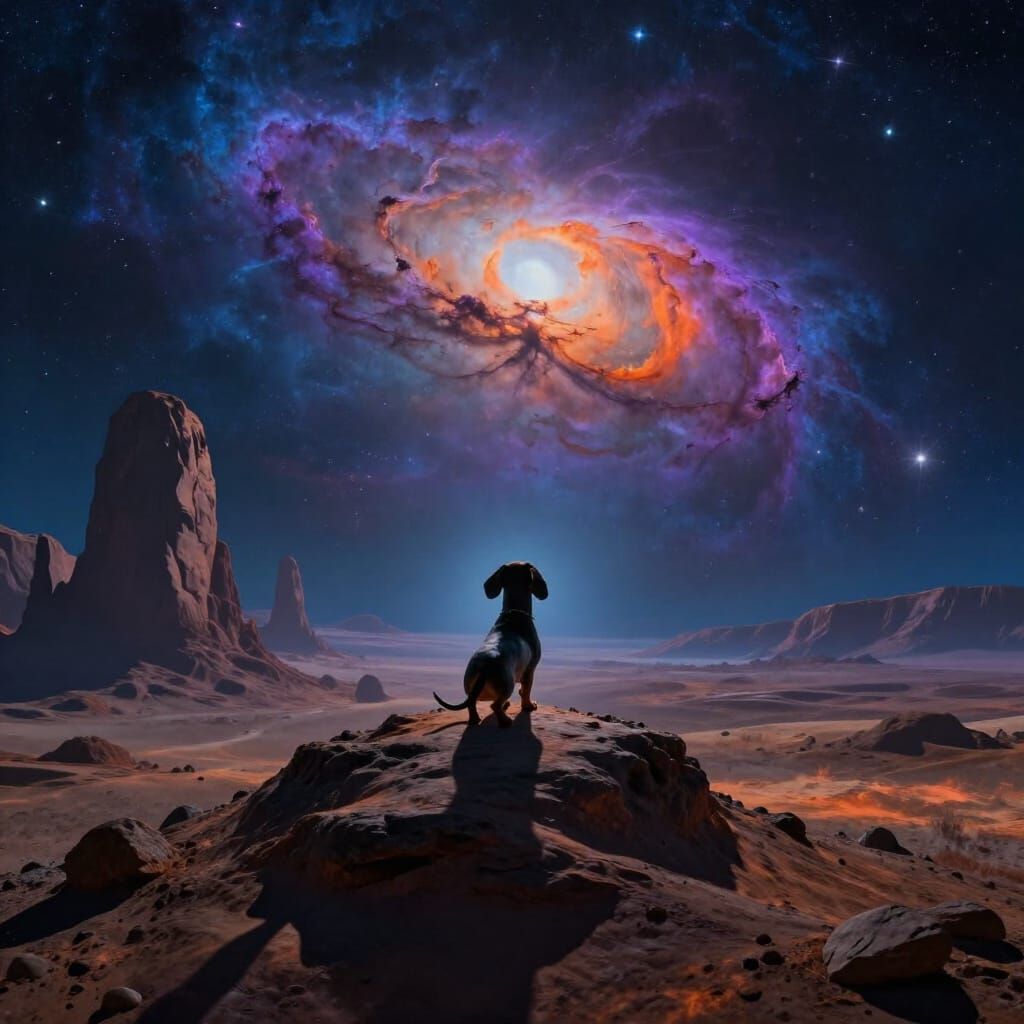 Dachshund on Alien Planet Gazing at Nebula Sky