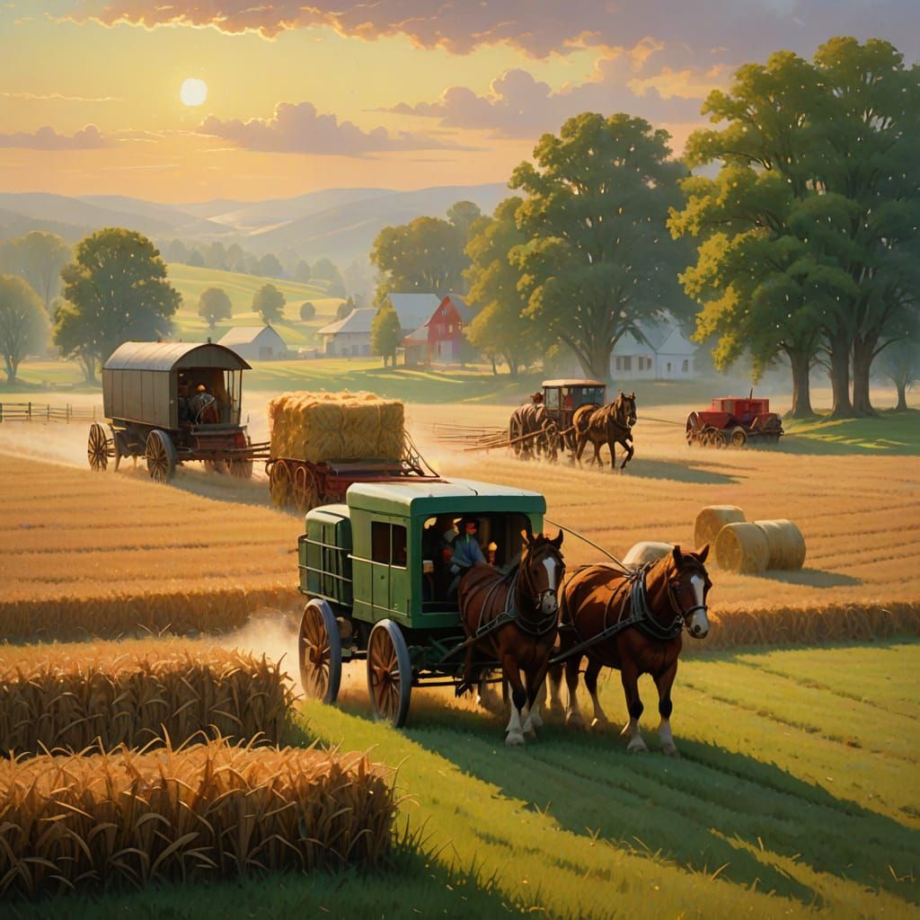Amish Farmer with Horses in Ethereal Golden Light