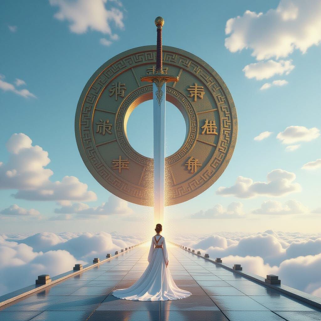 Colossal Sword Slices Sky Above Ancient Coin Platform