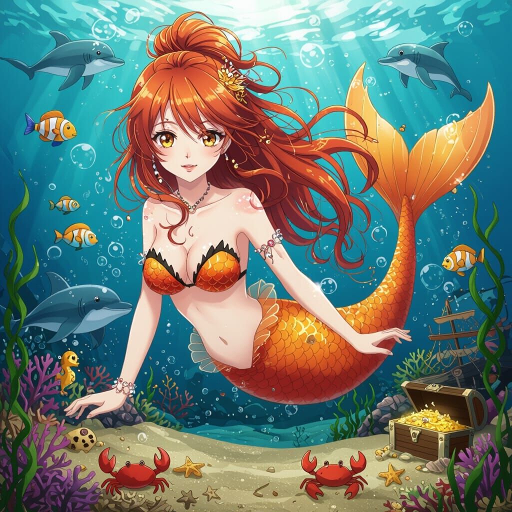 Anime Mermaid with Auburn Hair and Orange Tail