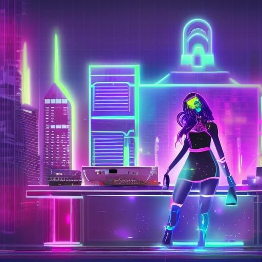 Cyberpunk DJ Girl in Neon City Club
