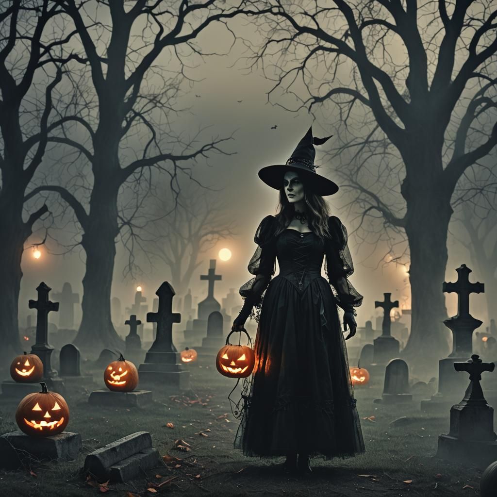 Cinematic Halloween Witch in Misty Graveyard