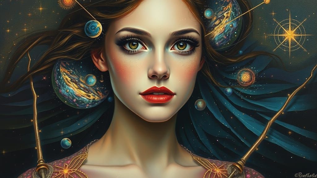 Surreal Portrait of Celestial Muse with Shimmering Constella...