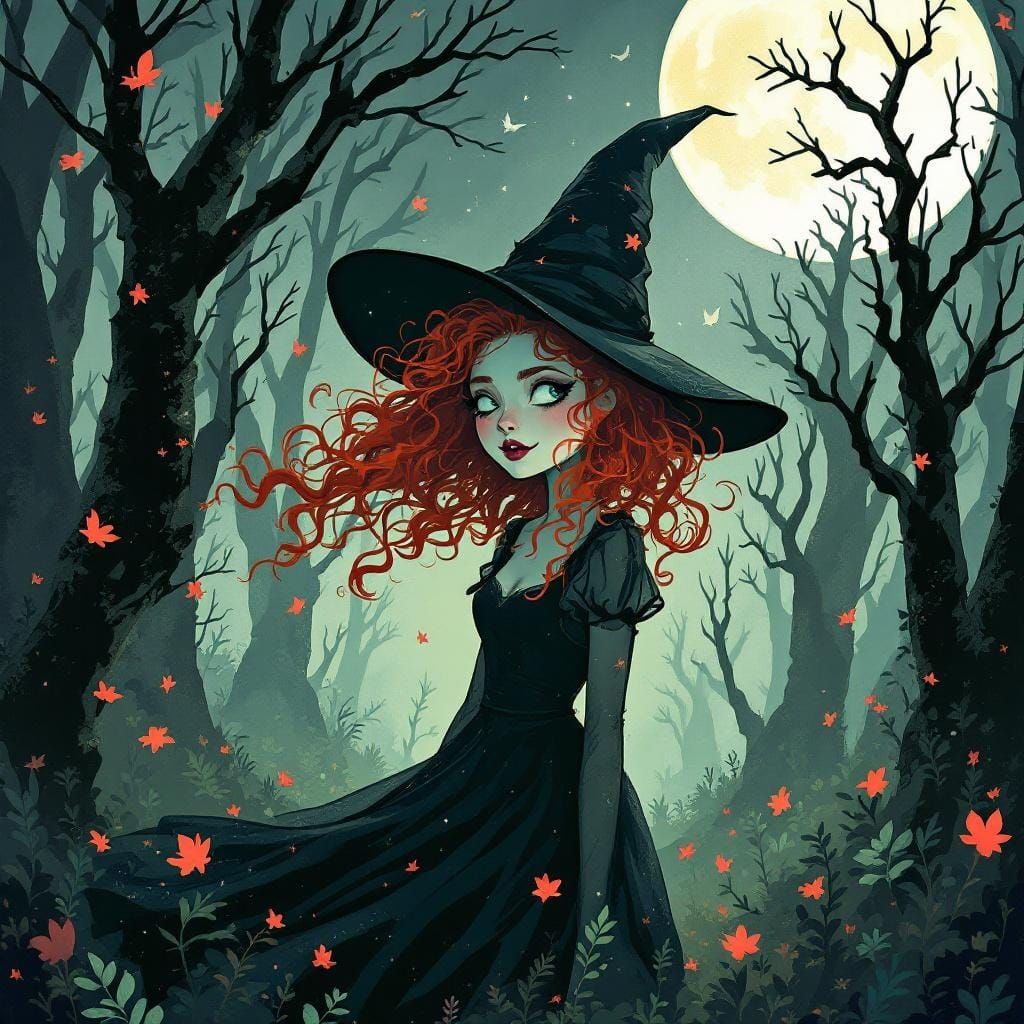 Whimsical Red-Haired Witch in Forest Under Full Moon
