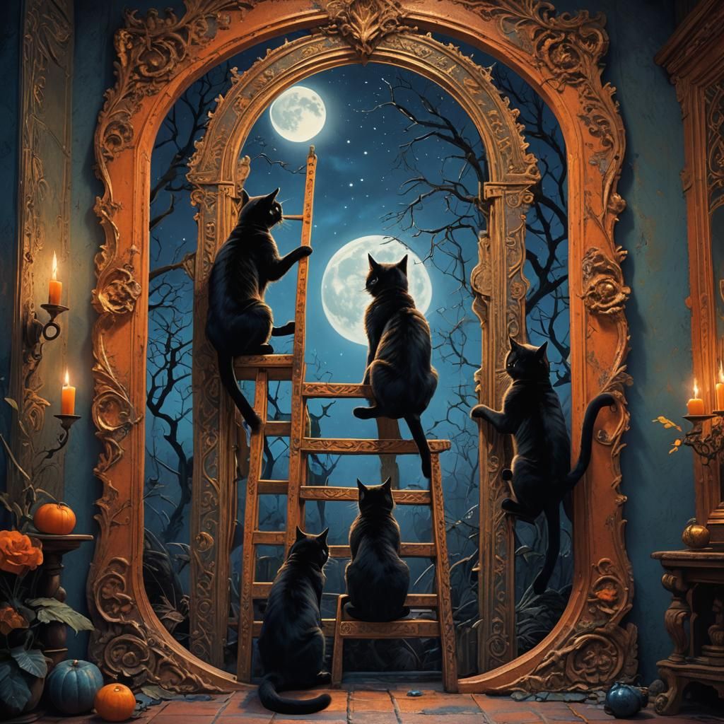 Eerie Moonlit Wall: Cats and the Magic Mirror