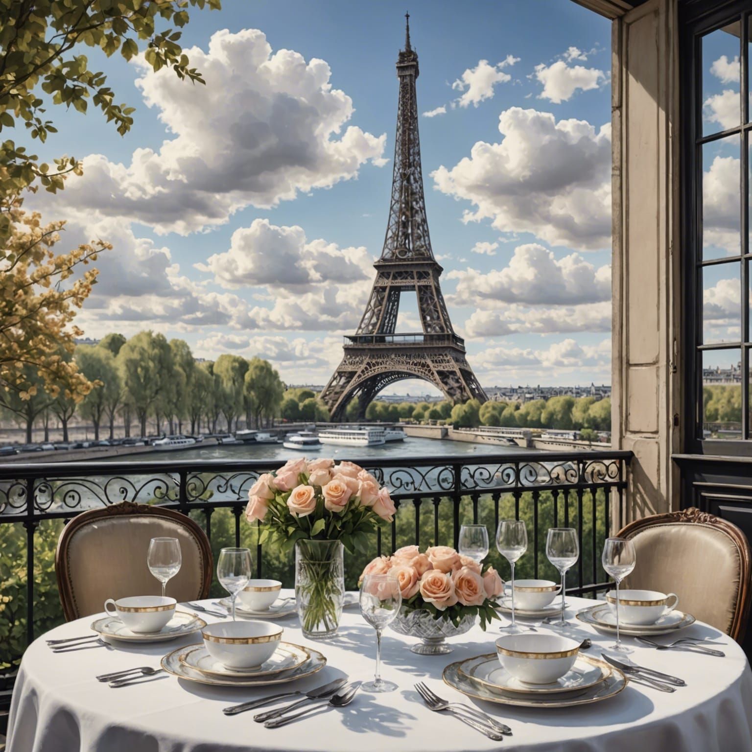 Eiffel Tower Sketch in Paris with Table Setting