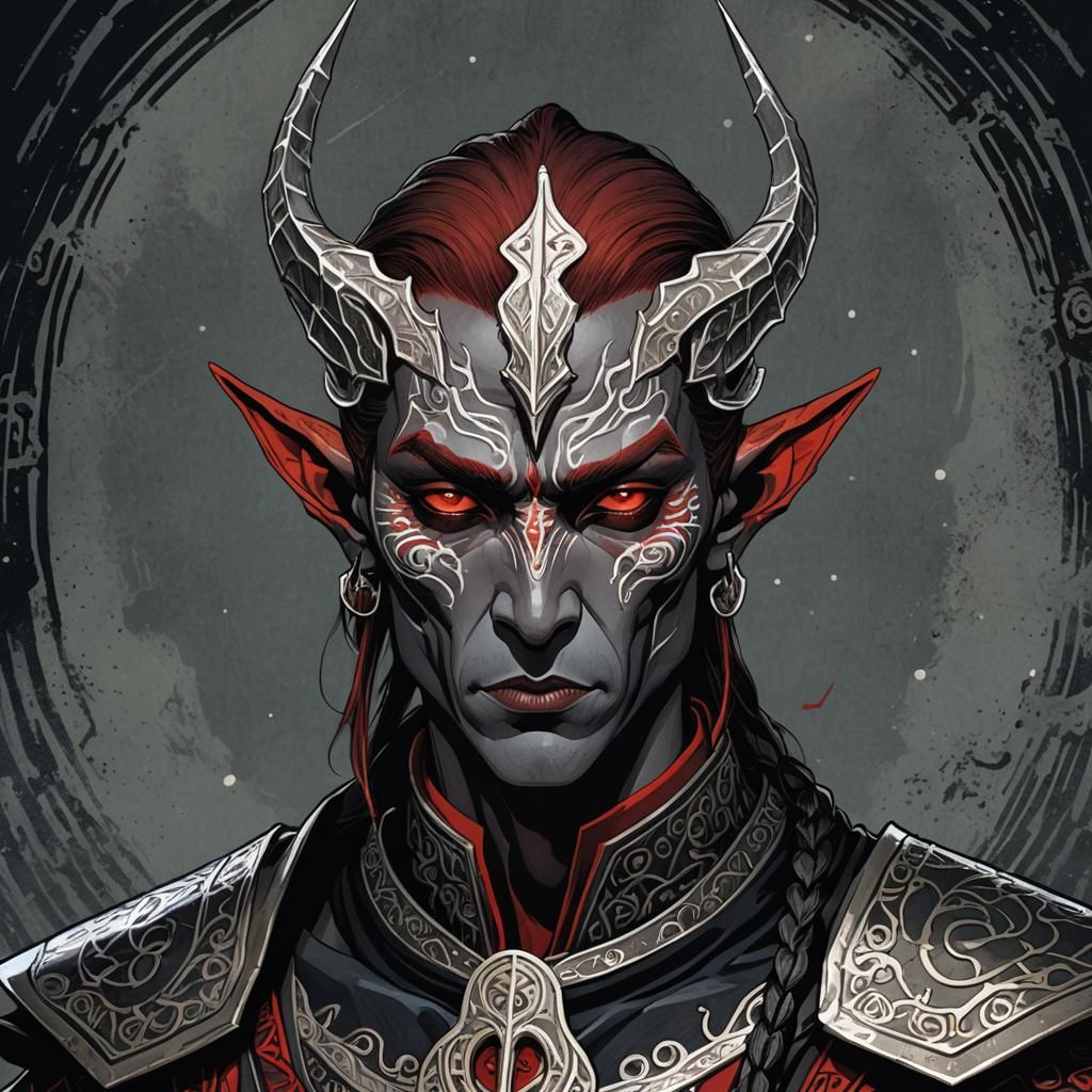 Dark Elf Portrait with Metallic Augmentations in Ukiyo-e Sty...