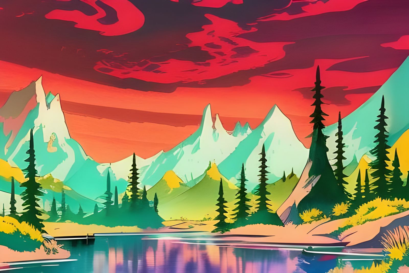 Mountain River Landscape in Watercolor Line Art