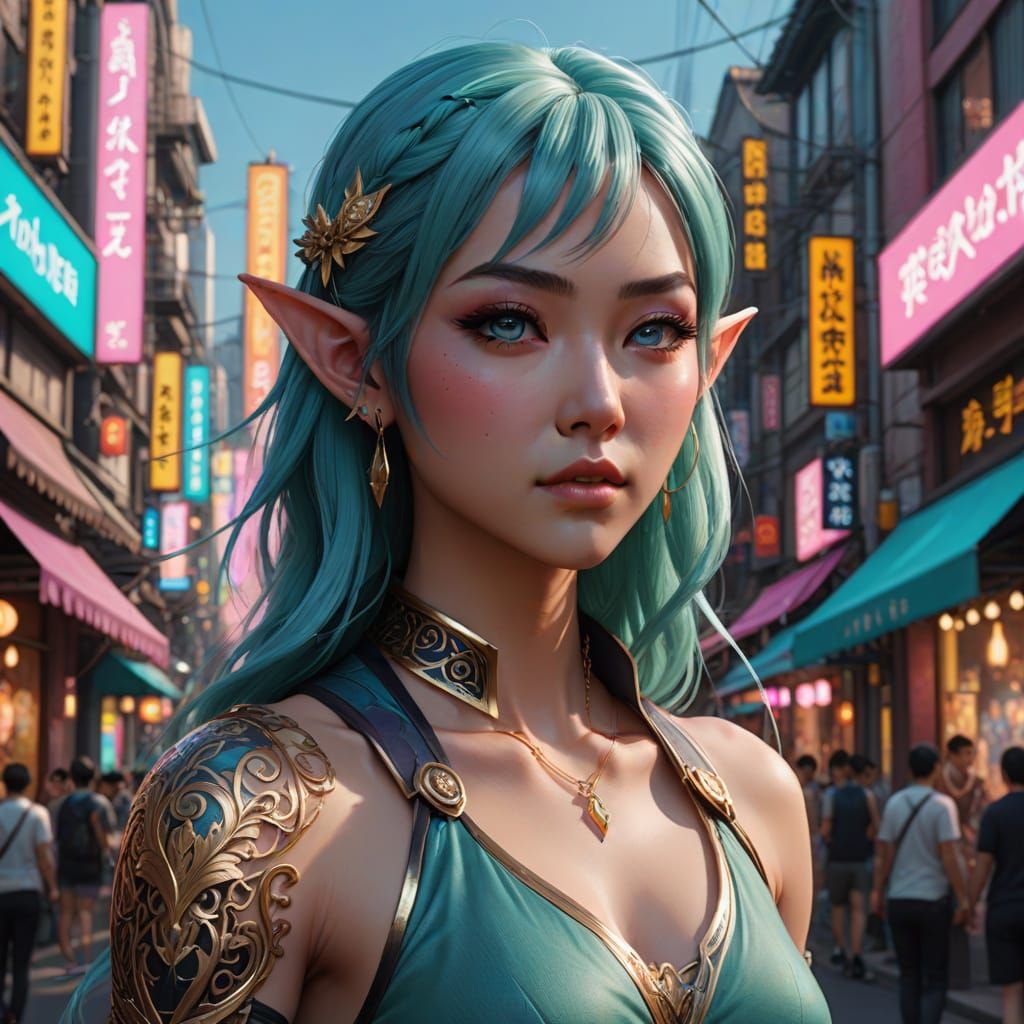 Stunning Anime Elf Woman in Whimsical Pastel Landscape