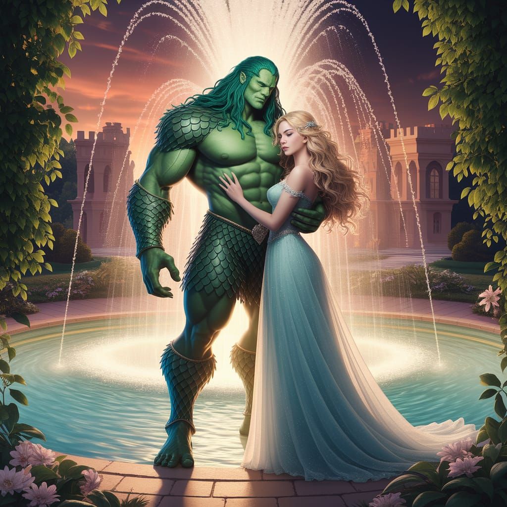 Green Man and Woman in Castle Garden Fountain