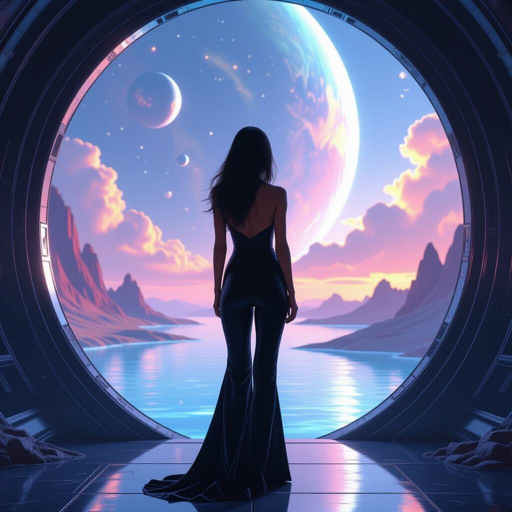 Woman at Alien Portal in Cosmic Fantasy Style