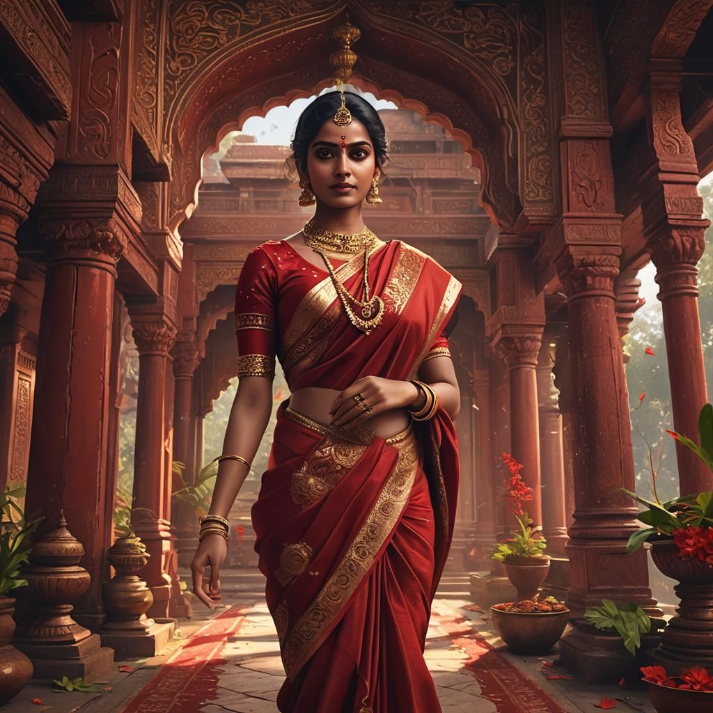 South Indian Beauty in Red Sari: Fantasy Art