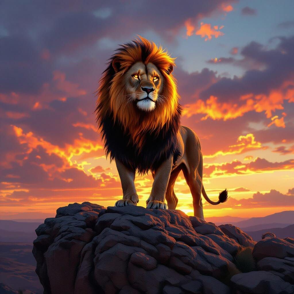 Fiery Lion on Cliff at Sunset, Hyperrealistic