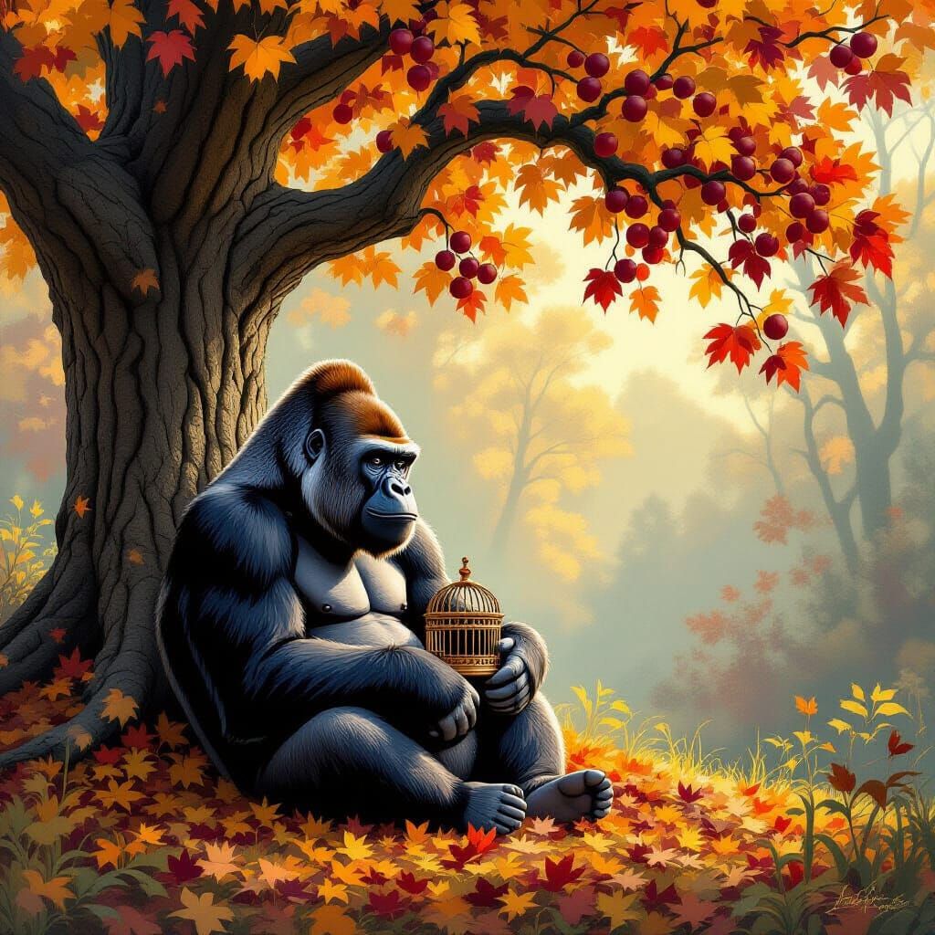 Wise Gorilla Contemplates Autumn Beneath Ancient Oak