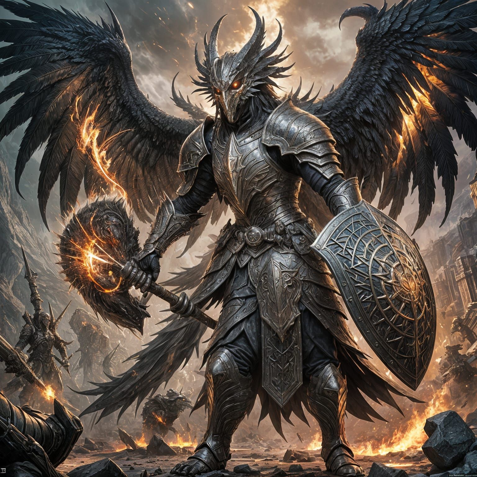 Armored Warrior with Axe and Phoenix Shield