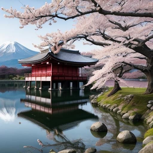 Sakura Tree, Mount Fuji, and Japanese Temples
