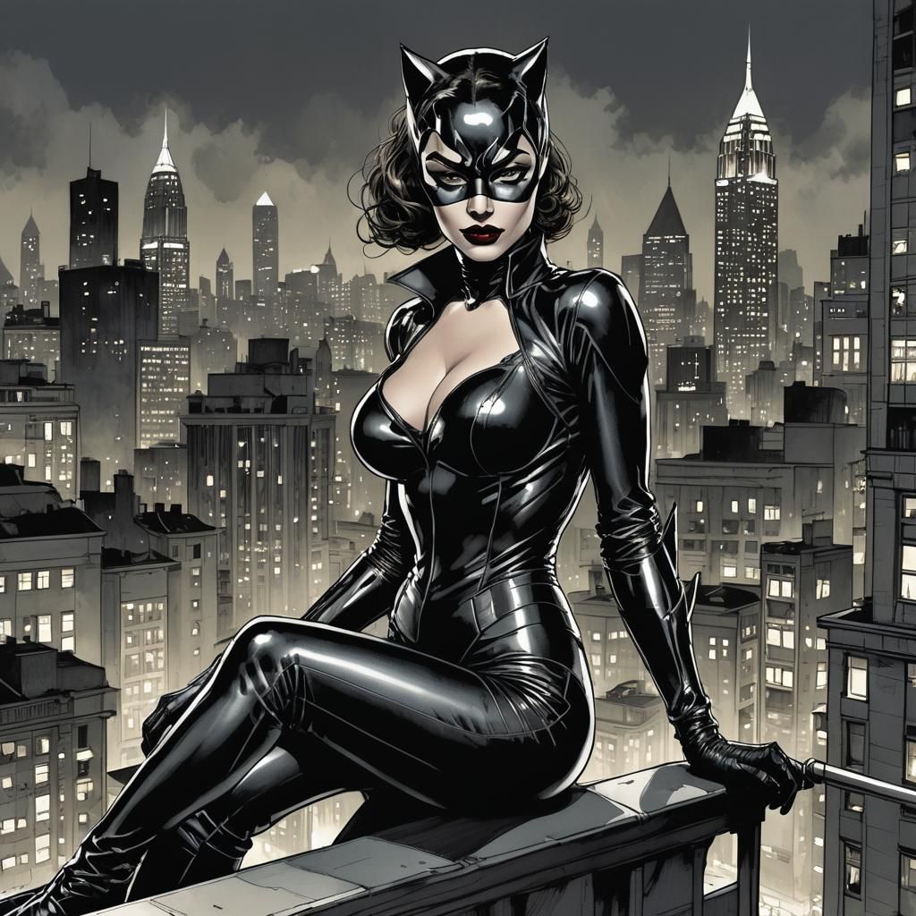 Catwoman on Highrise Balcony in Comic Book Style