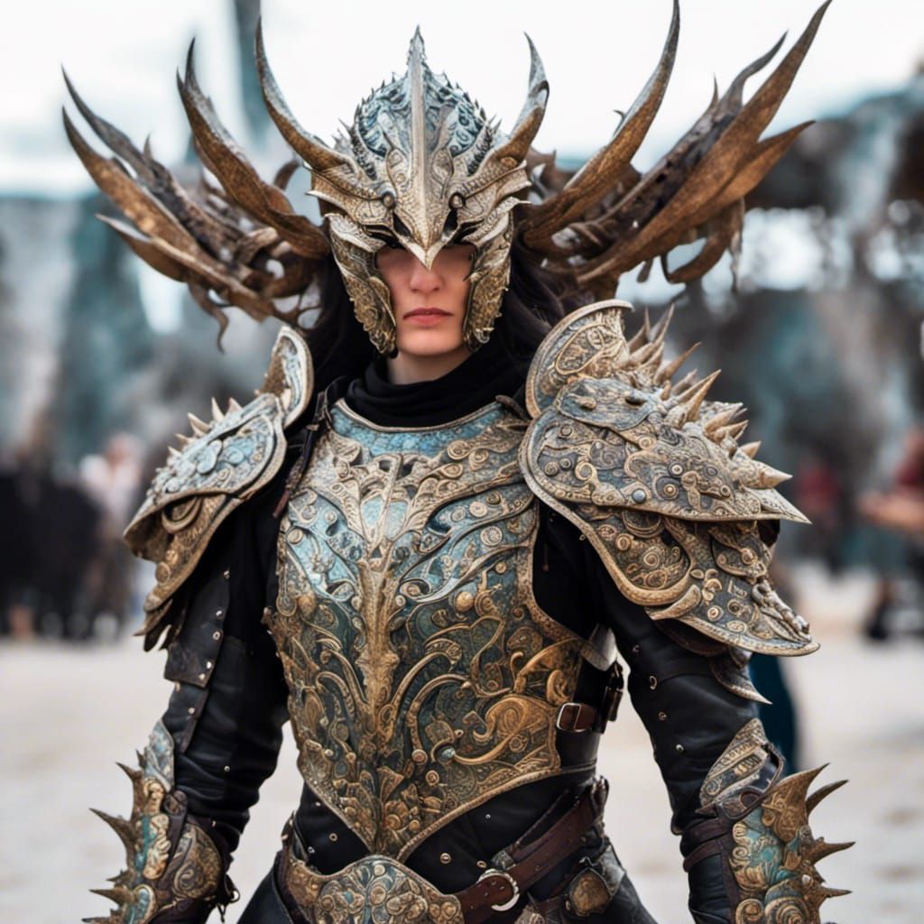 Spiked Female Armor: Intricate Archangelic Galaxy Design