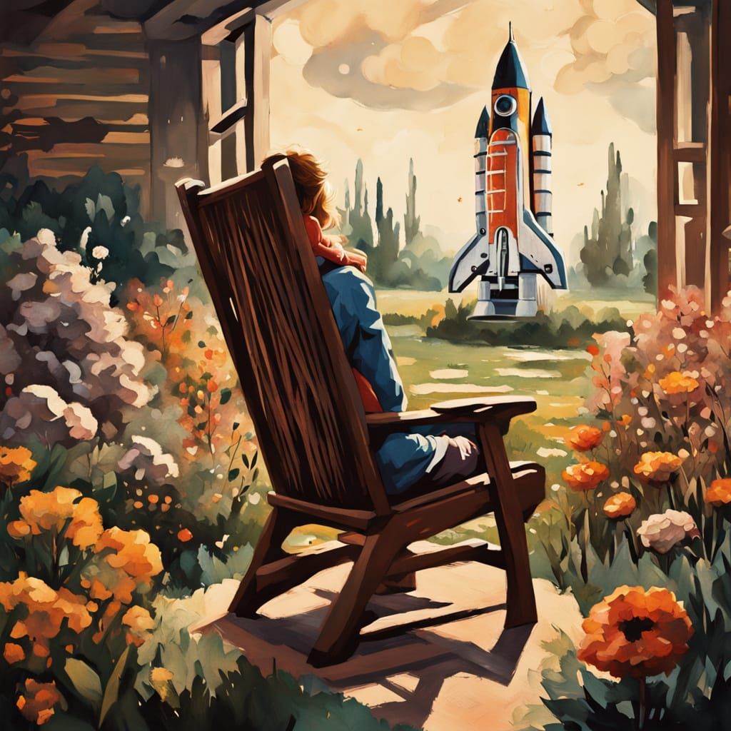 Woman in a Garden Chair with a Rocket in the Background, in ...