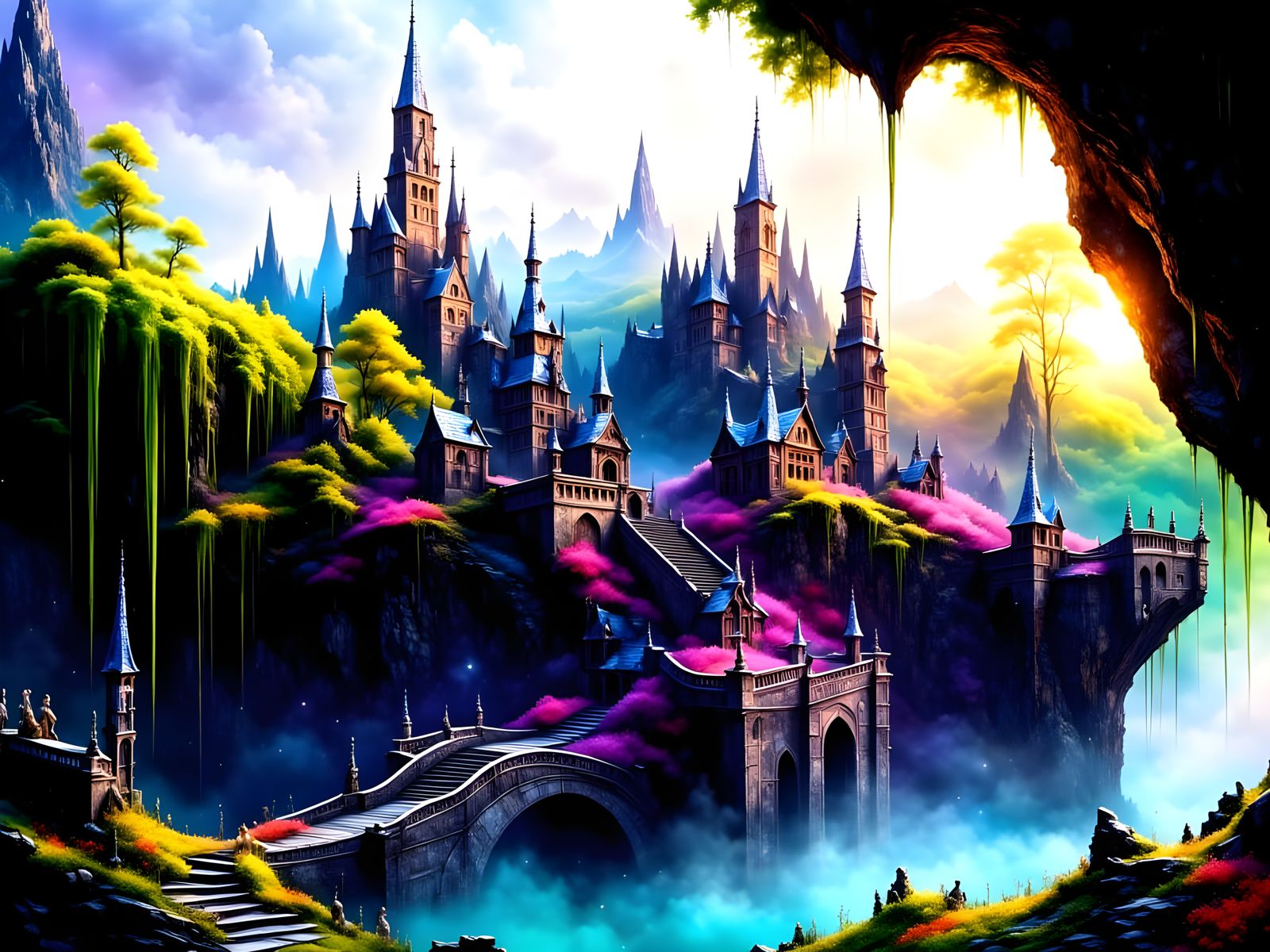 <lora:BlueNights1F:1.0> Deep woods faerie castle, detailed m...