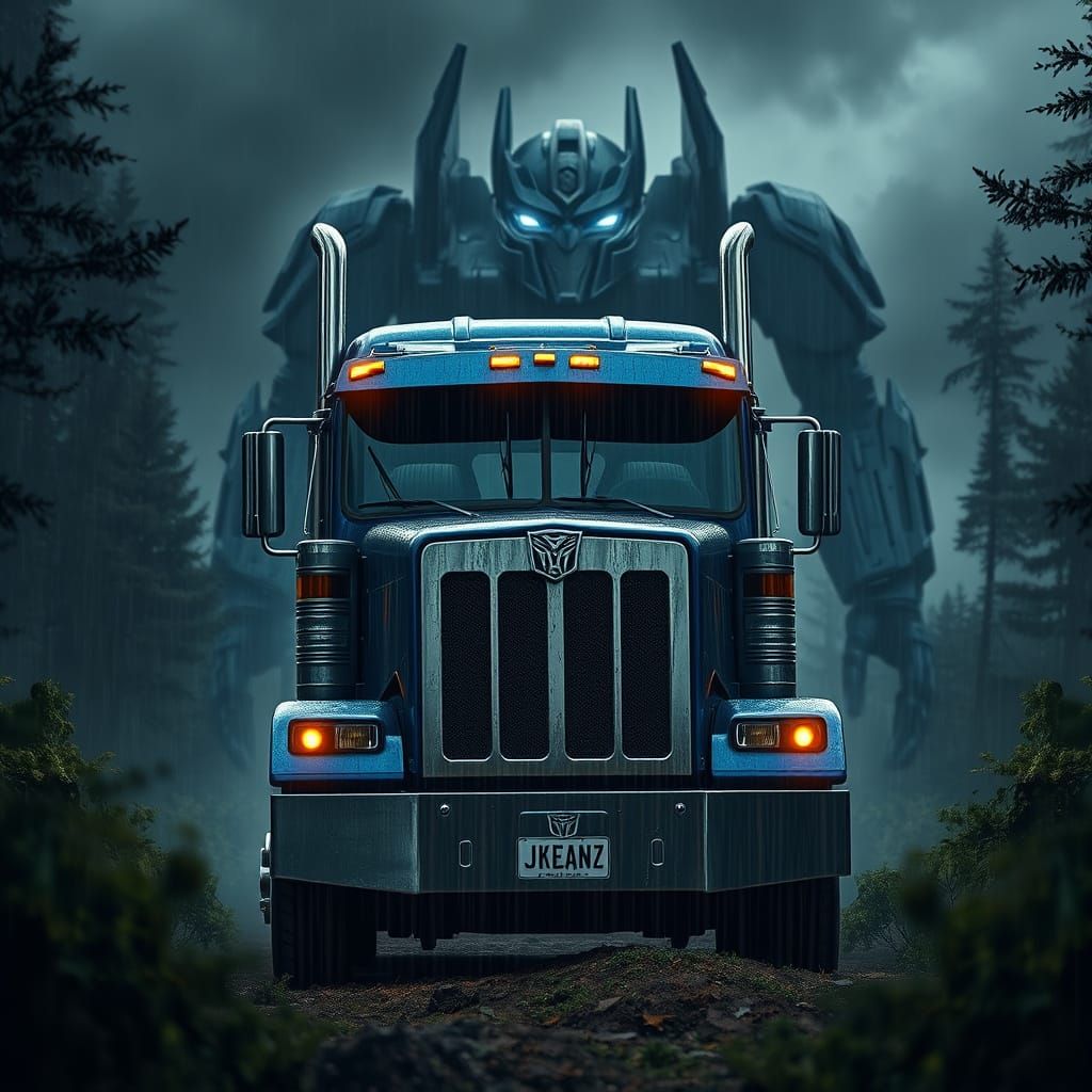 Optimus Prime Truck in Dark Forest, Cinematic Lighting
