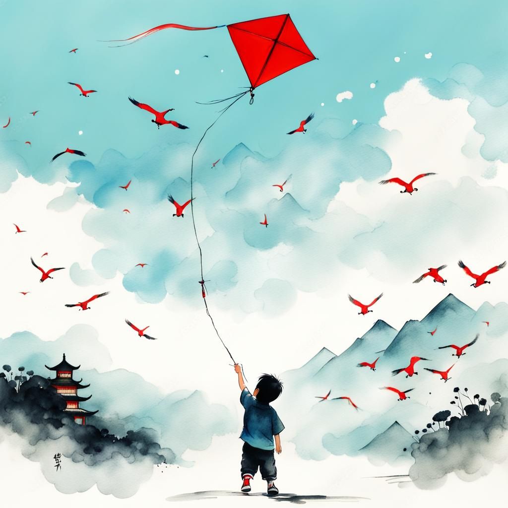 Boy with Red Kite in Chinese Ink Style