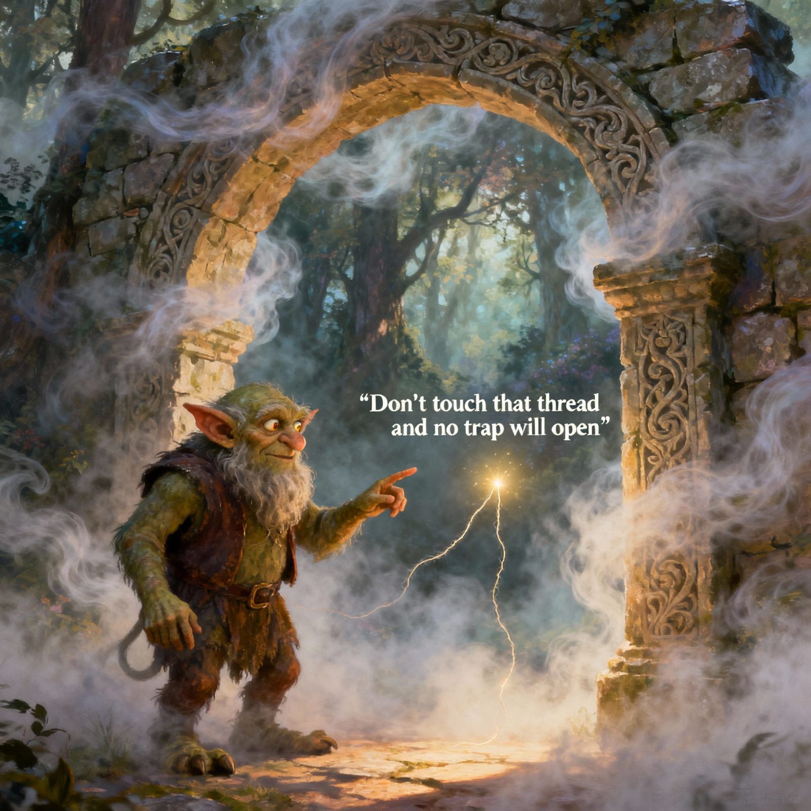 Wise Troll Guards Enchanted Archway from Mist