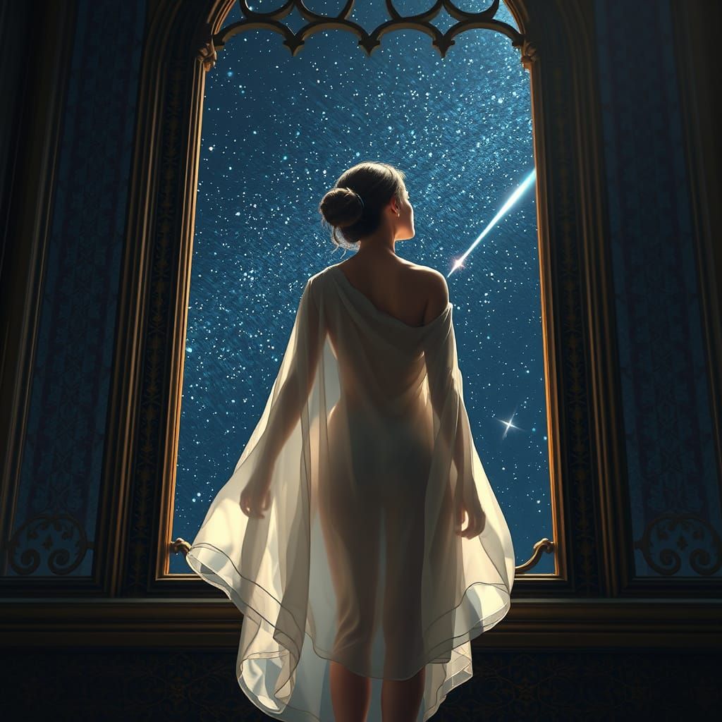 Dreamlike Young Woman in White Silk, Gazing at Starry Sky