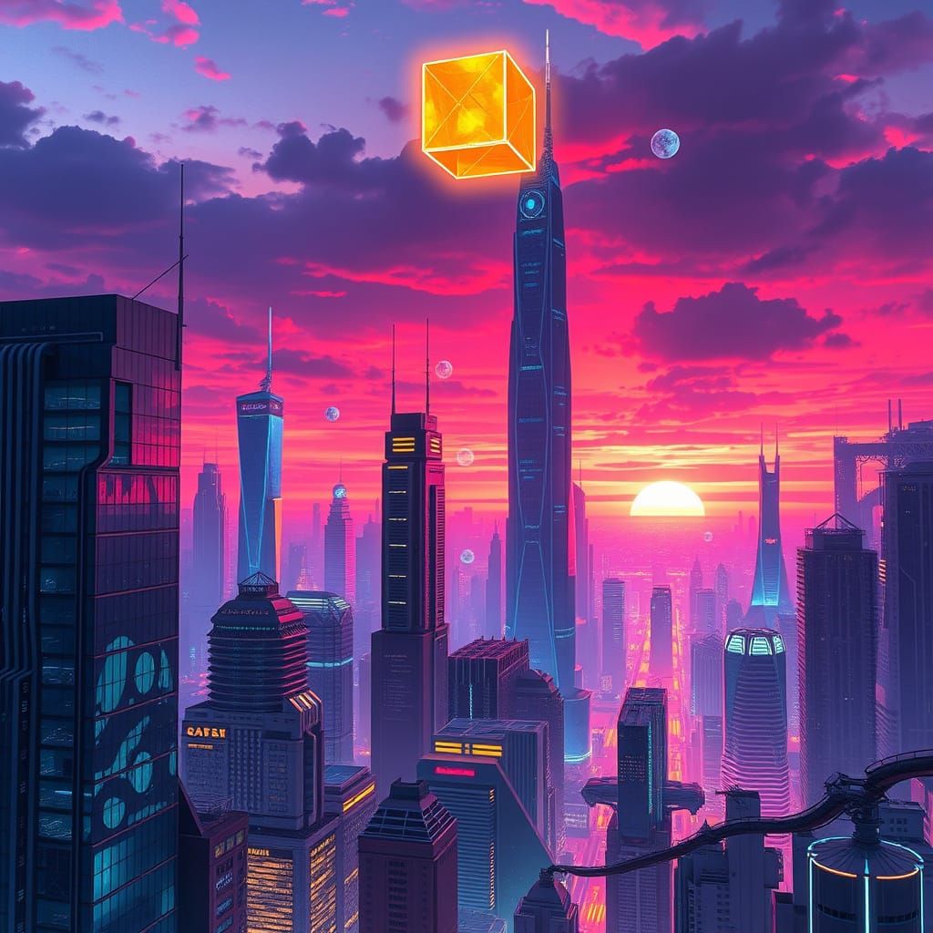 Neon Futuristic Cityscape at Sunset in Digital Painting Styl...