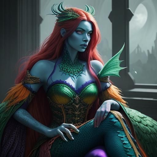 Dragon Woman Portrait with Peacock Feathers, Hyper-Realistic