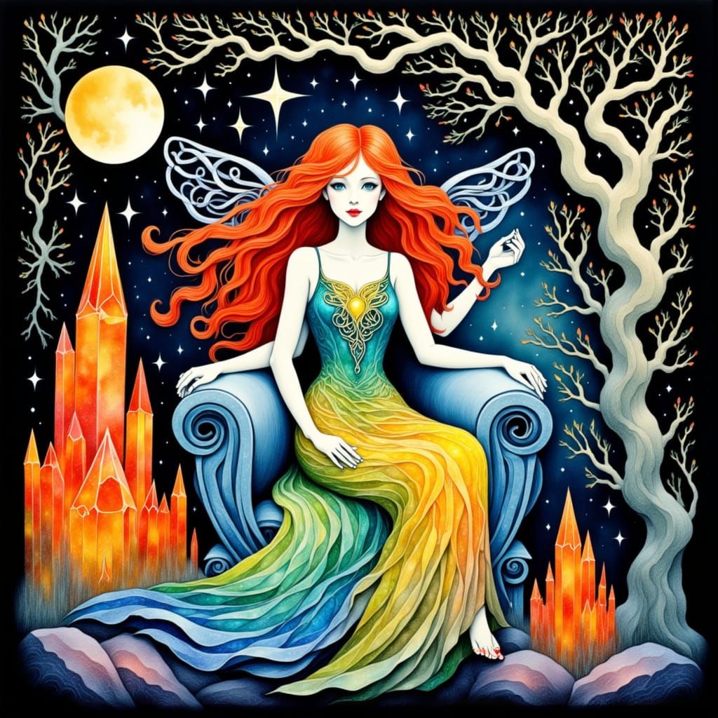 Celestial Maiden on Crystal Throne in Art Nouveau Style