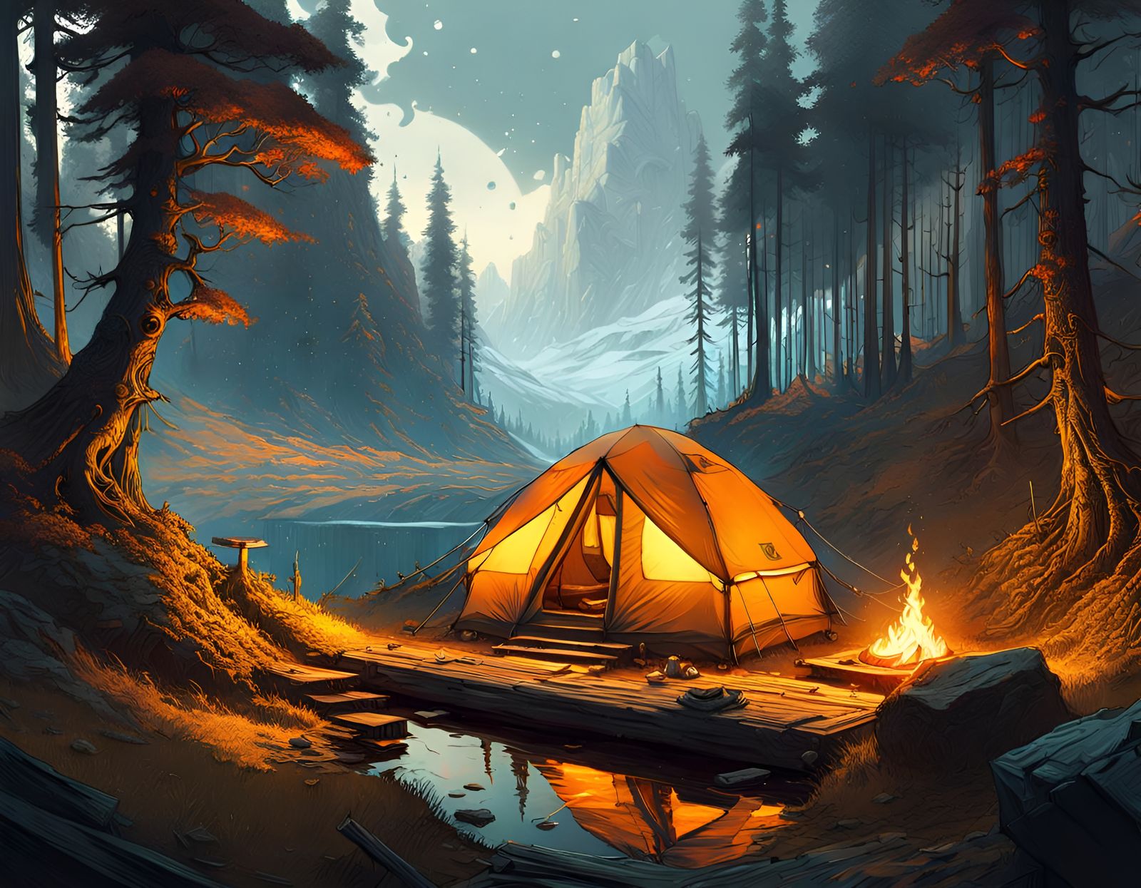 Surreal Metallic Camping Spot, Detailed Digital Art