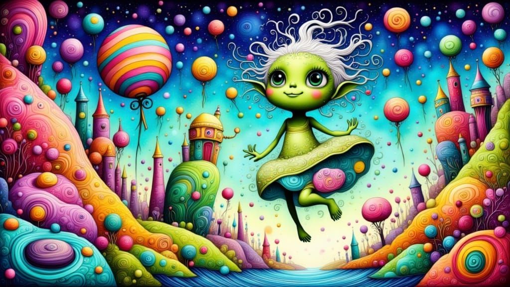 Whimsical Alien Creature Dancing in Surreal Candy Landscape