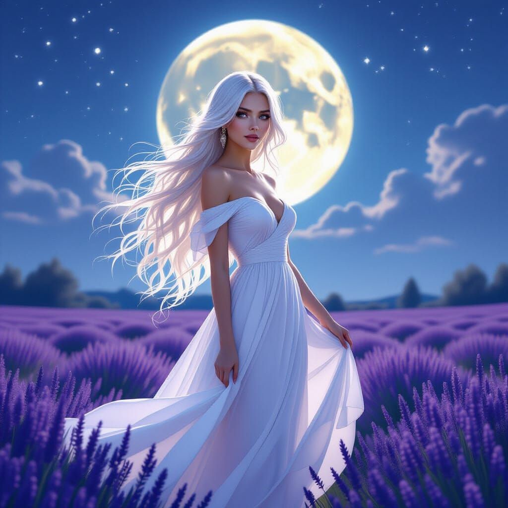 Ethereal Woman in Lavender Field, Art Nouveau Style