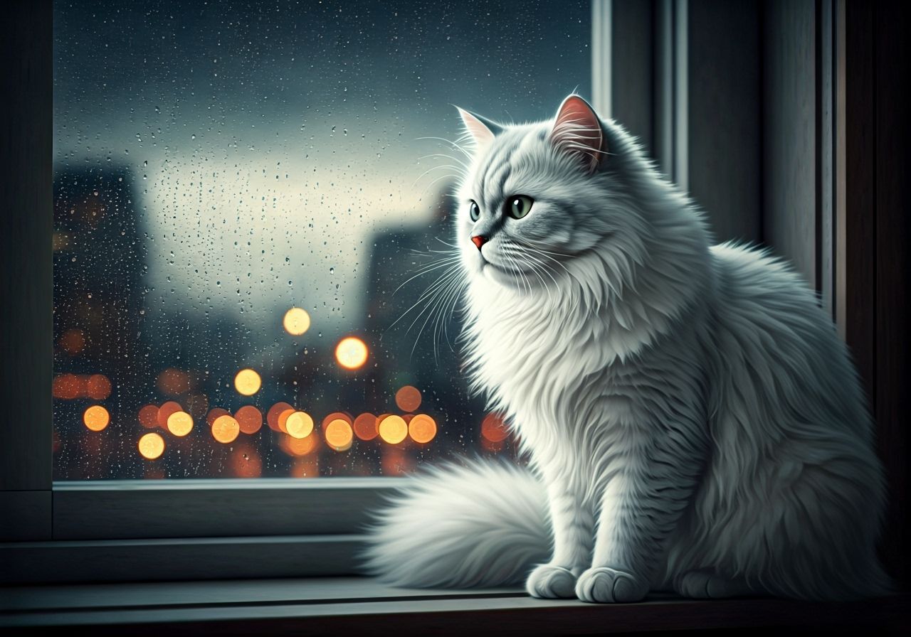Fluffy Persian Cat on Rainy Windowsill at Dusk
