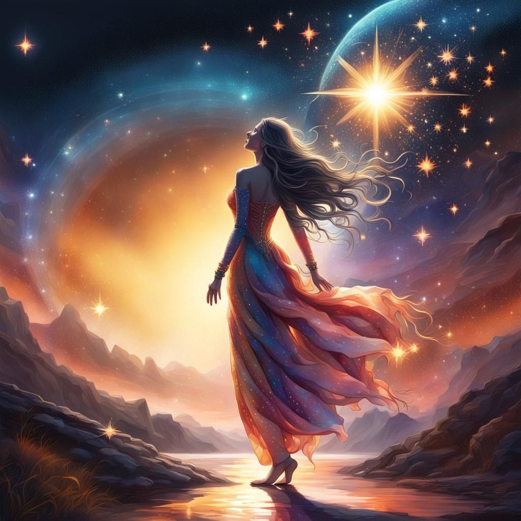 Woman Gazing at Jeweled Stars in Fantasy Art