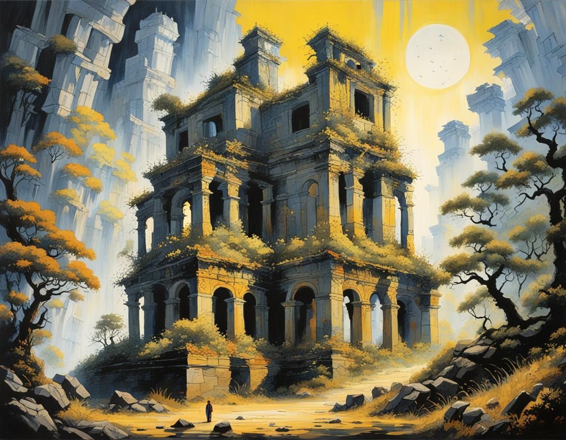 Ancient Ruins in Atmospheric Landscape with Ben-Day Dots