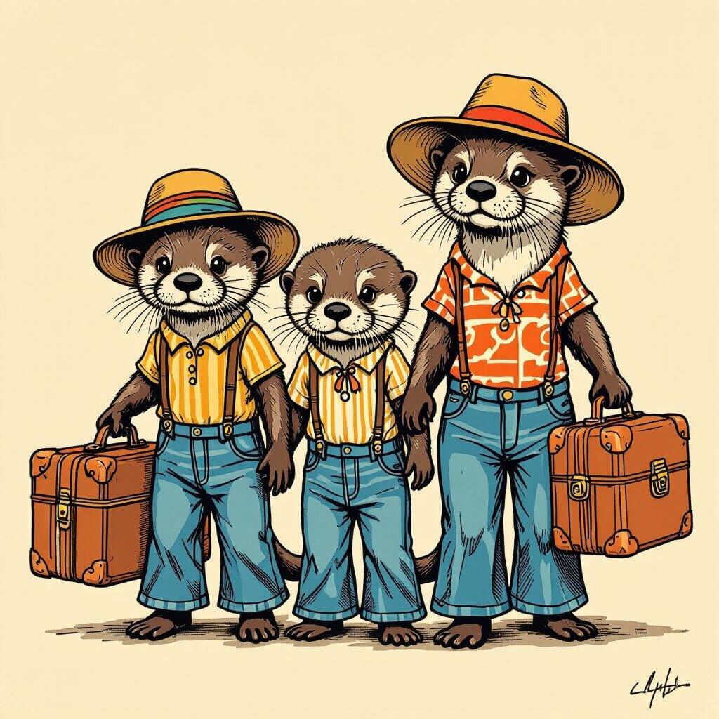 Otter Family's Retro Trip in Cartoon Style