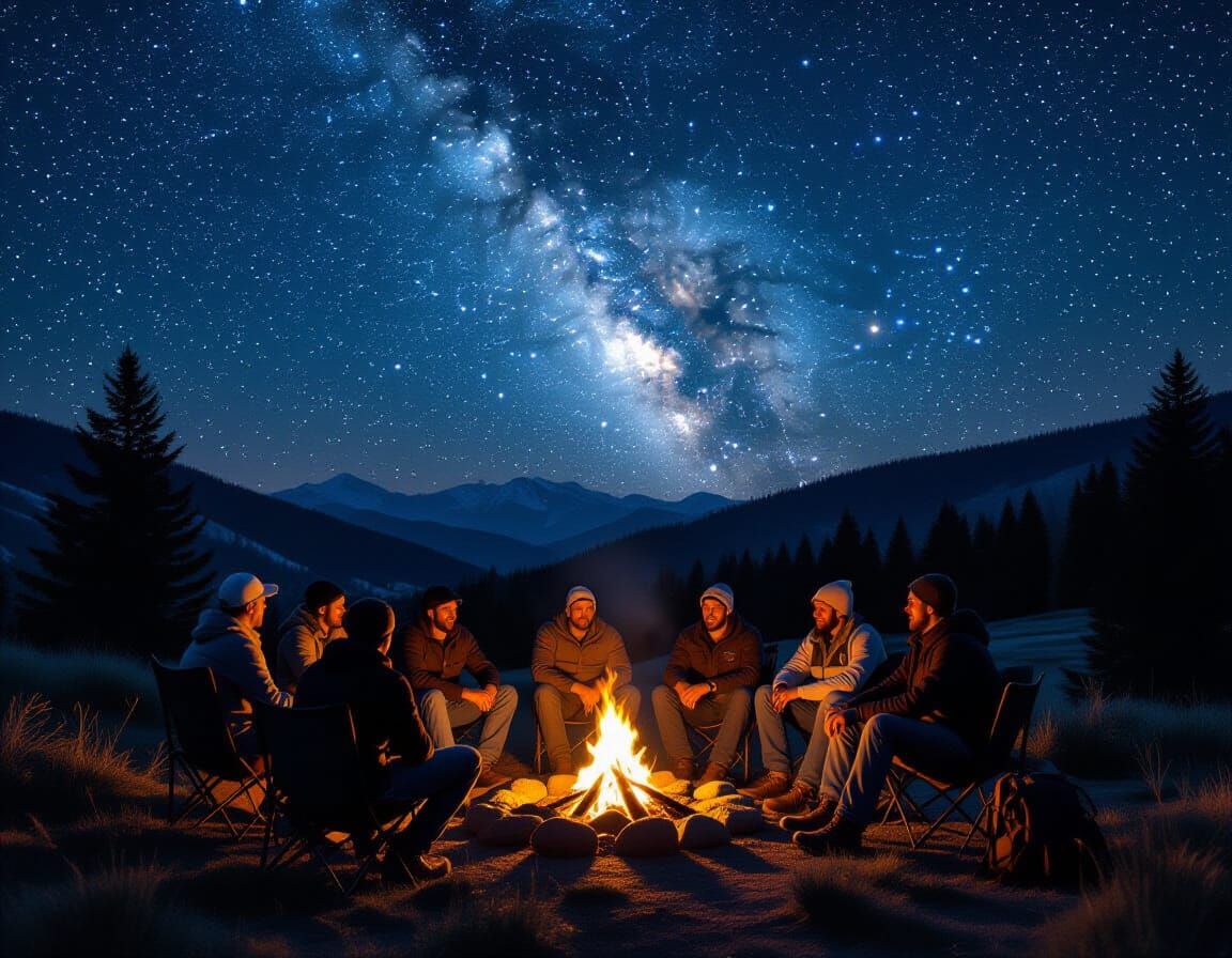 Riders Around Campfire Under Starry Night Sky
