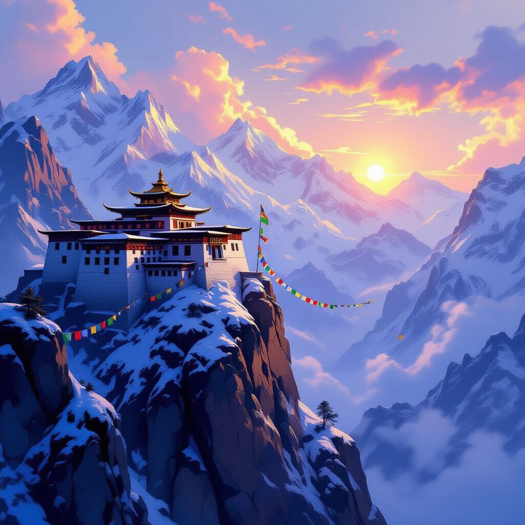 Ancient Tibetan Monastery on Snowy Mountain Cliffside